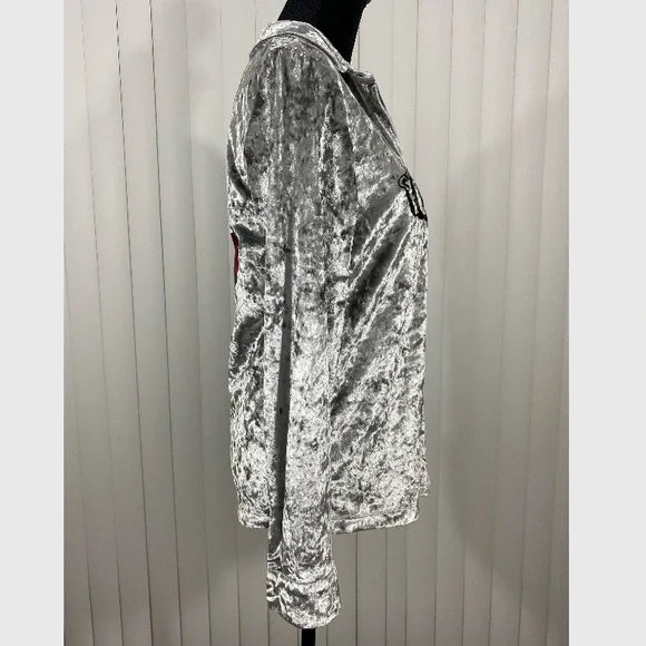 JADED LONDON Crushed Velvet Button Down Shirt Blouse Embroidered Panther Silver - Picture 8 of 14